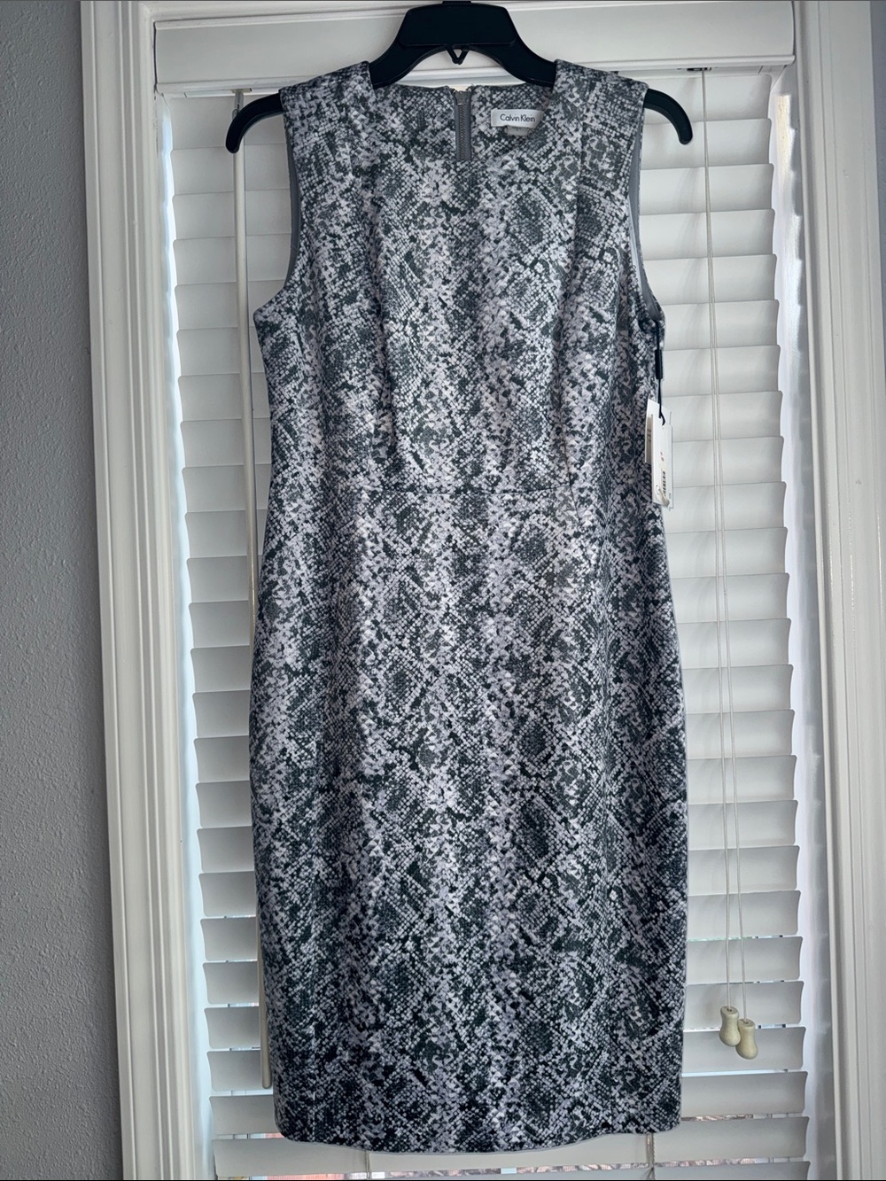 Calvin Klein Grey and Washed Black Faux Suede Snake-Print Sheath Dress. Lined